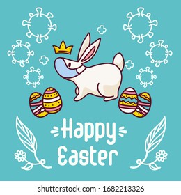Cute little bunny with a face mask on its face, greetings card for Easter