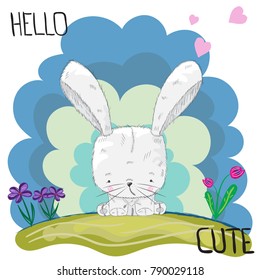 Cute little Bunny with flower cartoon hand drawn vector illustration. Can be used for print t shirts baby, design print fashion, socks, children, celebrations of baby shower, congratulations and cards