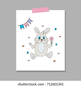 Cute little bunny with flower. Vector cartoon illustration can be used for baby t-shirt, print design, baby shower, greeting and invitation card.