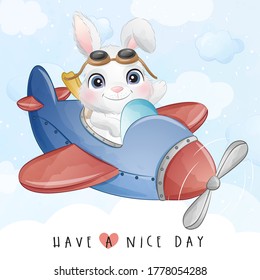 Cute little bunny flying with airplane illustration