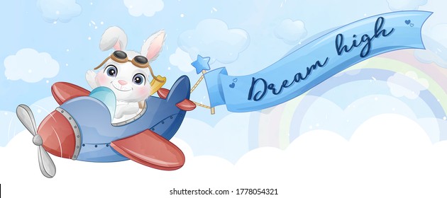 Cute little bunny flying with airplane illustration