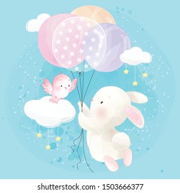 Cute little bunny flying with balloon