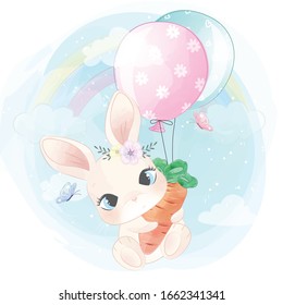 Cute little bunny flying with balloon