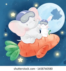 Cute little bunny flying in the moon with elephant