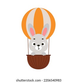 Cute little bunny flying on hot air balloon. Cartoon animal character for kids t-shirts, nursery decoration, baby shower, greeting card, invitation, house interior. Vector stock illustration