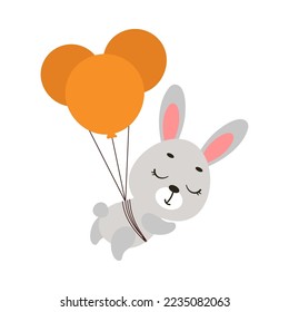 Cute little bunny flying on balloons. Cartoon animal character for kids t-shirts, nursery decoration, baby shower, greeting card, invitation, house interior. Vector stock illustration