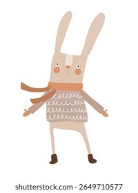 Cute Little Bunny. Funny Print With Little Gray Rabbit. Childish Drawing-like Vector Illustration Of Happy Hare Wearing Scarf And Jumper, Standing On A White Background. Kids Room Decoration. RGB.