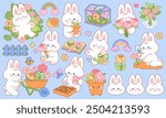 Cute little bunny gardener. Plants, flowers, butterflies, bees, garden supplies. Cartoon stickers, Animal rabbit character design tidy vector isolated set. Kawaii style collection.