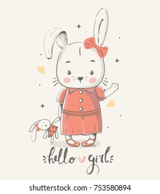 Cute little bunny gilrl with toy. cartoon hand drawn vector illustration. Can be used for baby t-shirt print, fashion print design, kids wear, baby shower celebration, greeting and invitation card.