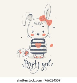 Cute little bunny gilrl with toy. cartoon hand drawn vector illustration. Can be used for baby t-shirt print, fashion print design, kids wear, baby shower celebration, greeting and invitation card.