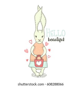 Cute little bunny girl with bag. Hand Sketched cartoon rabbit. Great for baby t-shirt print, kids wear, baby shower,fashion print design,poster,cards. Vector illustration