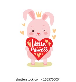 Cute little Bunny girl with a crown. Holds a heart with the inscription - a little princess. Vector illustration in flat style in bright colors, for print, t-shirt design, childrens design, greeting c