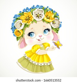 Cute little bunny girl in dress and in magnificent wreath holds a butterfly isolated on white background