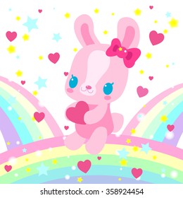 Cute little bunny girl with a heart sitting on a rainbow.