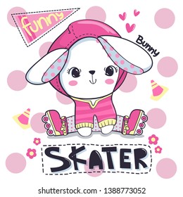 Cute little bunny girl in pink hoodie with roller skates on polka dot background illustration vector, T-shirt design for kids.