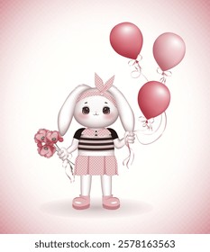 A cute little bunny girl in a pink dress holds a bouquet of poppies in one hand and pink balloons in the other