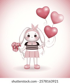 A cute little bunny girl in a pink dress holds a bouquet of pink poppies in one hand and heart-shaped balloons in the other