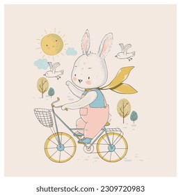 Cute little bunny girl rides a bike .Hand drawn vector illustration, can be used for kid's or baby's shirt design, fashion print design, fashion graphic, t-shirt, kids wear