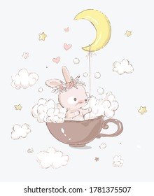 Cute little bunny girl with the wreath on the head take baths in a cup. Moon, foam and clouds on the background. Cartoon hand drawn illustration. Can be used for baby t-shirt print, fashion print desi