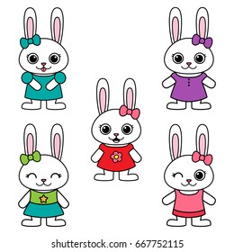 Cute little bunny girls wearing dresses. Vector illustration