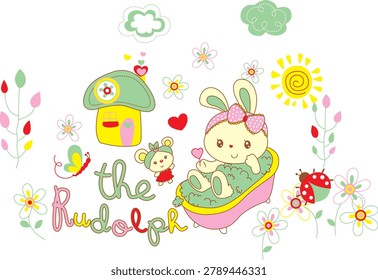 Cute little bunny having a fun bath in a tub in front of a lovely countryside cottage, sweet home vector for kids.