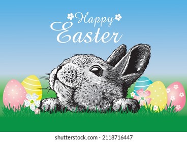 Cute little bunny head and Easter eggs .Vector illustration.