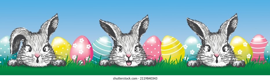 Cute little bunny head and Easter eggs. Horisontal border seamless pattern. Vector illustration.