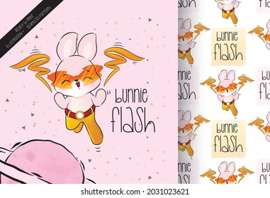 Cute little bunny hero character with seamless pattern: can be used for cards, invitations, baby shower, posters; with white isolated background
