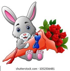 Cute little bunny holding a bouquet