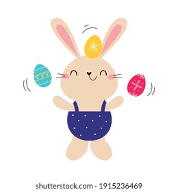 Cute Little Bunny Holding Colorful Eggs, Adorable Pink Easter Rabbit, Easter Egg Hunt Card, Poster, Invitation Template Cartoon Style Vector Illustration