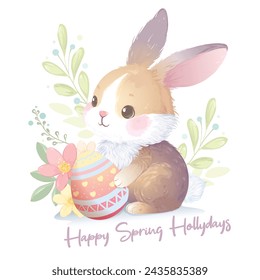 Cute little bunny holding Easter egg. Vector illustration in watercolor style of adorable little rabbit on floral background.