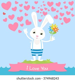 Cute little bunny holding flowers with many seamless heart. 