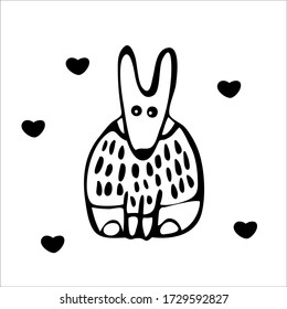 Cute little bunny indicates something. Dressed in a sweater with hearts, pants and a scarf. Scandinavian style. Hand-drawn. Doodle Vector graphics. Isolated image on a white background.
