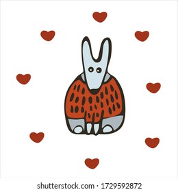 Cute little bunny indicates something. Dressed in a sweater with hearts, pants and a scarf. Scandinavian style. Hand-drawn. Doodle Vector graphics. Isolated image on a white background.