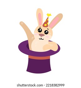 Cute little bunny inside magician hat. Bunny showing up out of magical top hat. Vector illustration for mobile app, sticker, kids print design. Circus concept