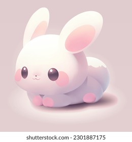 Cute little bunny with a kind smiling face and big eyes. Vector pet illustration drawn in a cartoon 3d mesh style isolated on a gradient background