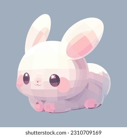 Cute little bunny with a kind smiling face and big eyes. Vector pet illustration drawn in a cartoon 3d mesh style isolated on a gray background