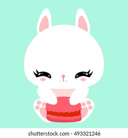 Cute little bunny with a macaroon. Happy birthday. Print. Poster. Greeting card. Children's character.