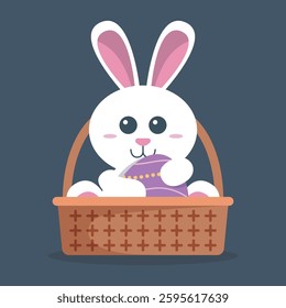 cute little bunny on the basket in isolated flat design