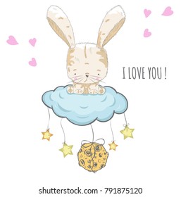 Cute little Bunny on the cloud . cartoon hand drawn vector illustration. Can be used for print t shirts baby, design print fashion, socks, children, celebrations of baby shower, congratulations and ca