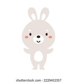 Cute little bunny on white background. Cartoon animal character for kids cards, baby shower, invitation, poster, t-shirt composition, house interior. Vector stock illustration