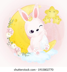 Cute little bunny playing with moon and stars in watercolor illustration 