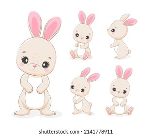 Cute little bunny poses. Cartoon rabbit. Vector illustration.