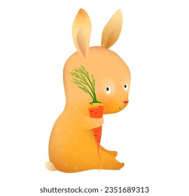 Cute Little Bunny or Rabbit Sitting Holding Carrot, character design for kids. Shy bunny isolated clipart for story book. Hand drawn vector clip art animal cartoon in watercolor style for children.