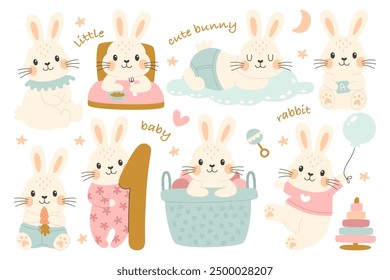 Cute little bunny rabbit woodland animal design for baby shower, one year birthday anniversary celebration. Sweet hare pattern nursery drawing for greeting cards and invitation vector illustration