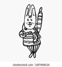 A cute, little bunny raised his paw. Dressed in a striped sweater with ornaments, trousers and a scarf. Scandinavian style. Hand-drawn. Doodle. Vector graphics. Isolated image on a white background.