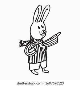 A cute, little bunny raised his paw. Dressed in a striped sweater with ornaments, trousers and a scarf. Scandinavian style. Hand-drawn. Doodle. Vector graphics. Isolated image on a white background.