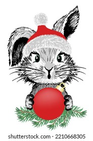 Cute little bunny in red Santa's hat with christmas ball. Vector illustration.