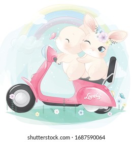 Cute little bunny riding a motorcycle