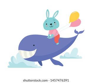 Cute Little Bunny Riding Whale, Funny Adorable Animal in Transport Vector Illustration